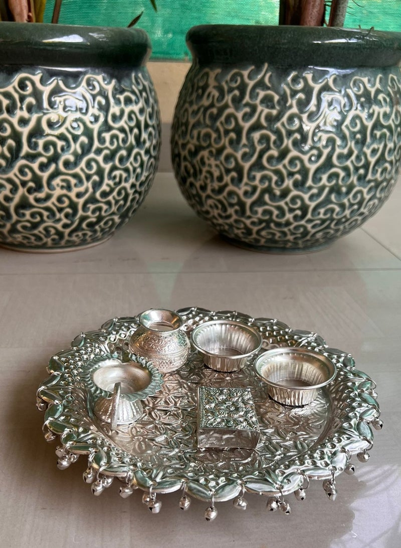 Traditional German Silver-Plated Ghungroo Pooja Thali Set – Ornate Design with Decorative Containers