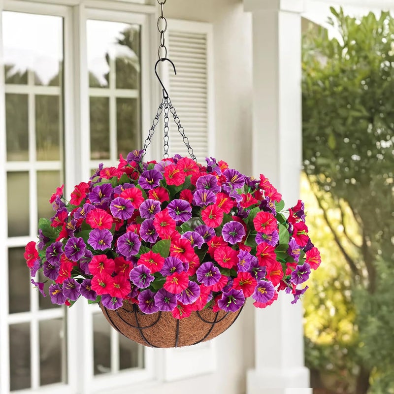 Ammyoo Artificial Fake Hanging Flowers with Basket, Faux Silk Morning Glory Flower Arrangement for Spring Summer Decor, Hanging Plant for Patio Garden Porch Outdoor Decor - Image 2