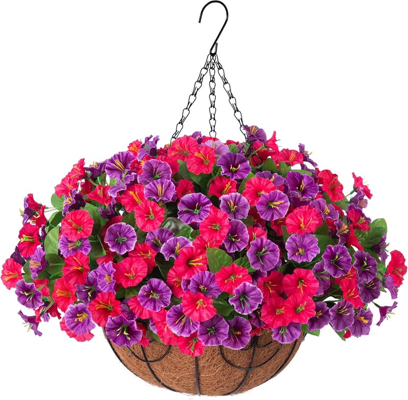 Ammyoo Artificial Fake Hanging Flowers with Basket, Faux Silk Morning Glory Flower Arrangement for Spring Summer Decor, Hanging Plant for Patio Garden Porch Outdoor Decor - Image 1