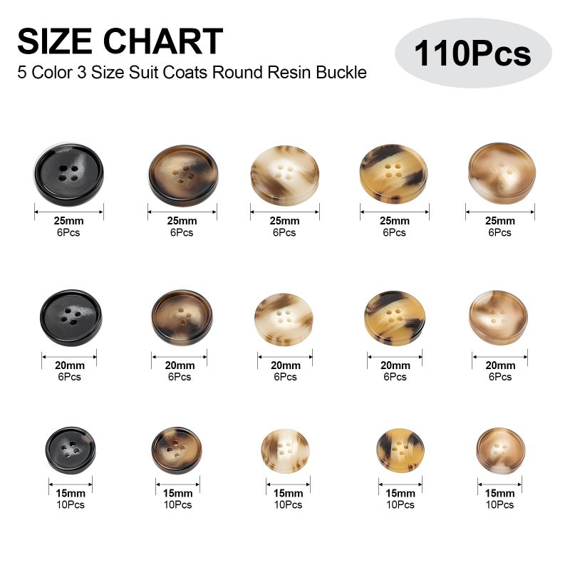 OELFFOW 110Pcs Mixed Sewing Buttons, 4-Hole Craft Round Blazer Buttons, 5 Color 3 Size (15mm, 20mm, 25mm) Suit Coats Resin Button, Suitable for Variety Clothing Sewing, DIY Craft (Coffee Color) - Image 2