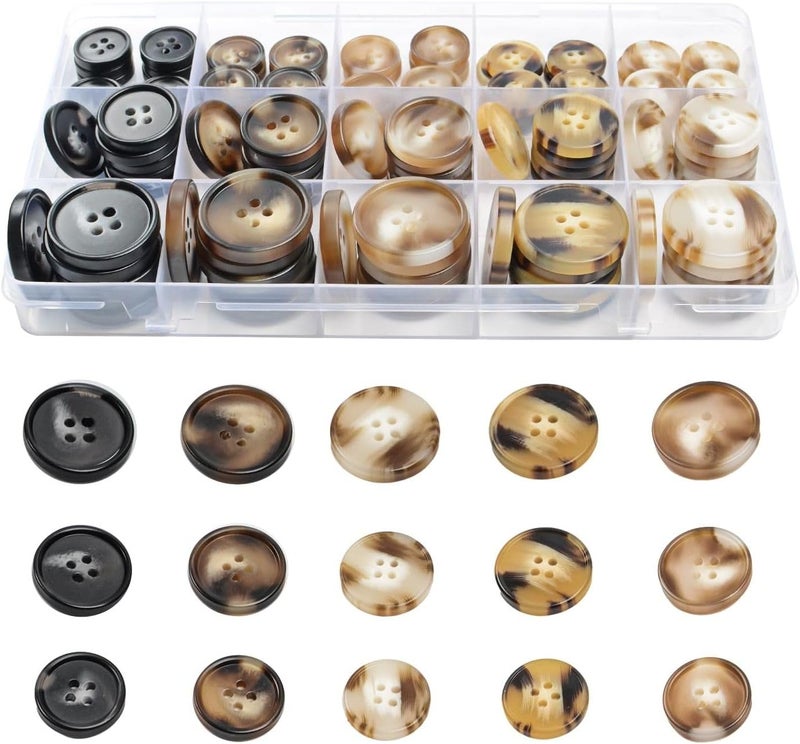 OELFFOW 110Pcs Mixed Sewing Buttons, 4-Hole Craft Round Blazer Buttons, 5 Color 3 Size (15mm, 20mm, 25mm) Suit Coats Resin Button, Suitable for Variety Clothing Sewing, DIY Craft (Coffee Color) - Image 1