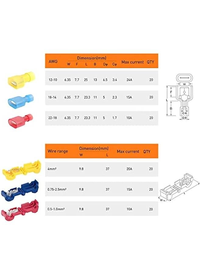 Generic 120 Pieces Quick Splice Wire Terminals T-Tap Self-stripping Nylon Insulated Male Disconnects Kit, 2-Year Warranty - Image 3