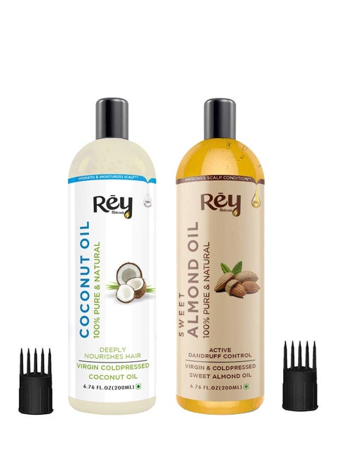 Rey Naturals Cold Pressed Coconut Oil Sweet Almond Oil for hair skin 200ml Pack of 2