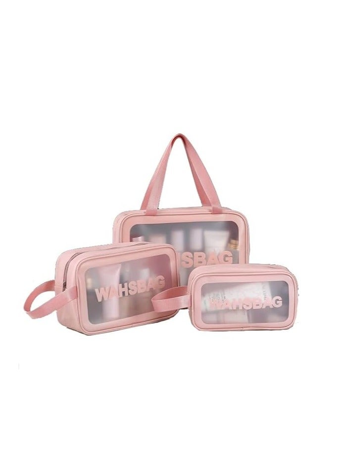 3Pcs Cosmetic Bag Vinyl Air Travel Toiletry Bags Bulk, Water Resistant PVC Packing Cubes with Zipper Closure & Carry Handle for Women Baby Men, Make-up brush Case Beach Pool Spa Gym Bag