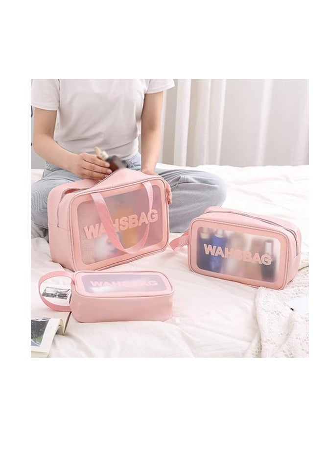3Pcs Cosmetic Bag Vinyl Air Travel Toiletry Bags Bulk, Water Resistant PVC Packing Cubes with Zipper Closure & Carry Handle for Women Baby Men, Make-up brush Case Beach Pool Spa Gym Bag