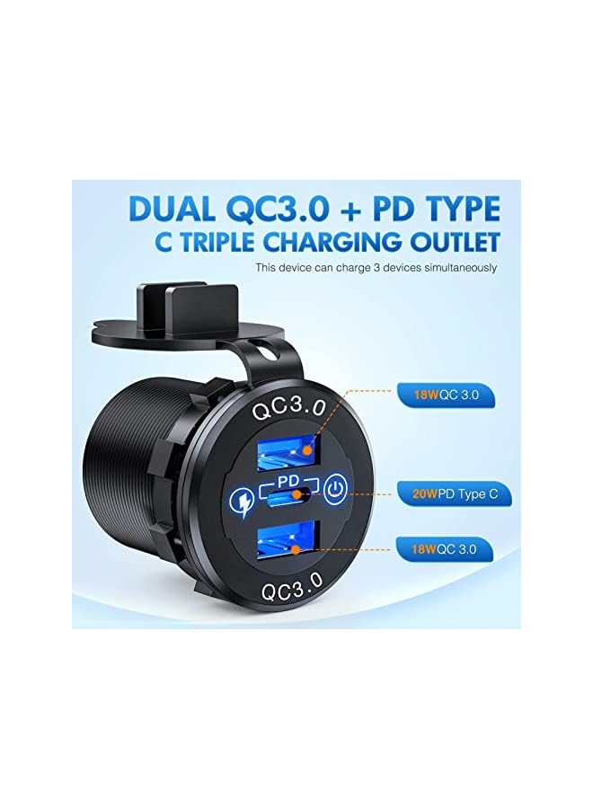 PROMASS C Car Charger, PD QC3.0 3 Ports Fast Charging Type C Car Phone Charger Adapter with Detachable Waterproof Cover, 1 Type C and 2 USB Cigrette Lighter for Smartphones Tablets - Image 3