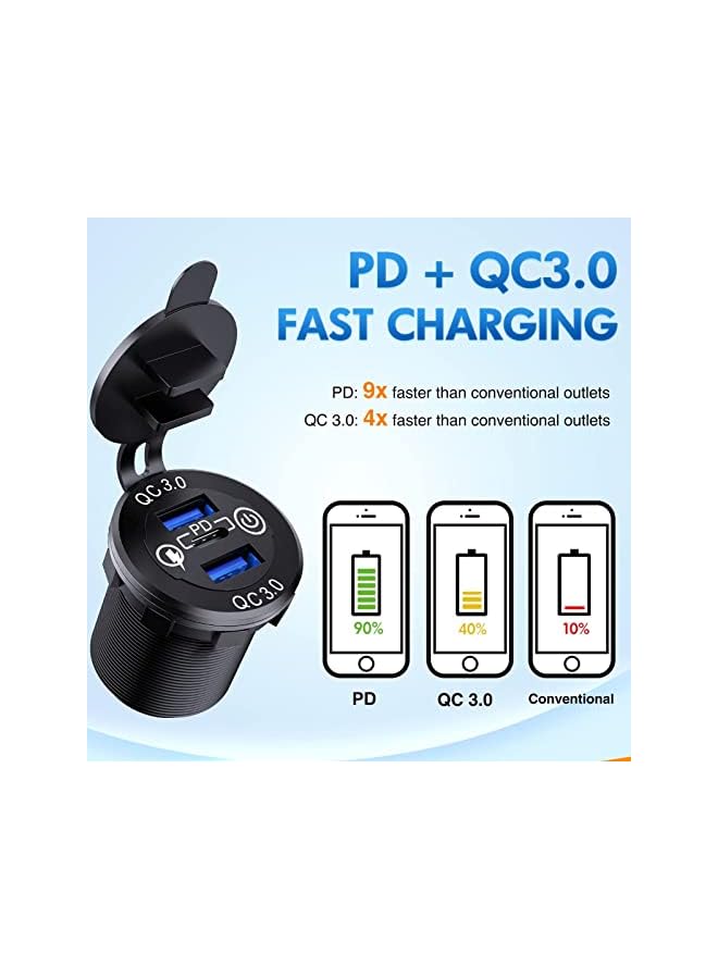 PROMASS C Car Charger, PD QC3.0 3 Ports Fast Charging Type C Car Phone Charger Adapter with Detachable Waterproof Cover, 1 Type C and 2 USB Cigrette Lighter for Smartphones Tablets - Image 4