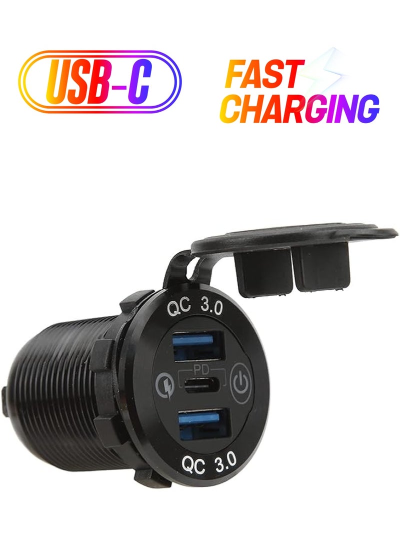 PROMASS C Car Charger, PD QC3.0 3 Ports Fast Charging Type C Car Phone Charger Adapter with Detachable Waterproof Cover, 1 Type C and 2 USB Cigrette Lighter for Smartphones Tablets - Image 1