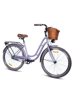 MOGOO Mogoo Florida Single Speed Cruiser Bike 24 Inch - Classic City Bike - Steel Frame Fixed-Gear Road-Bike - Comfort Cycle For Women - Bicycle Adult - Wicker Basket - Rear Carrier - Dynamo-Light - Purple  - Image 1