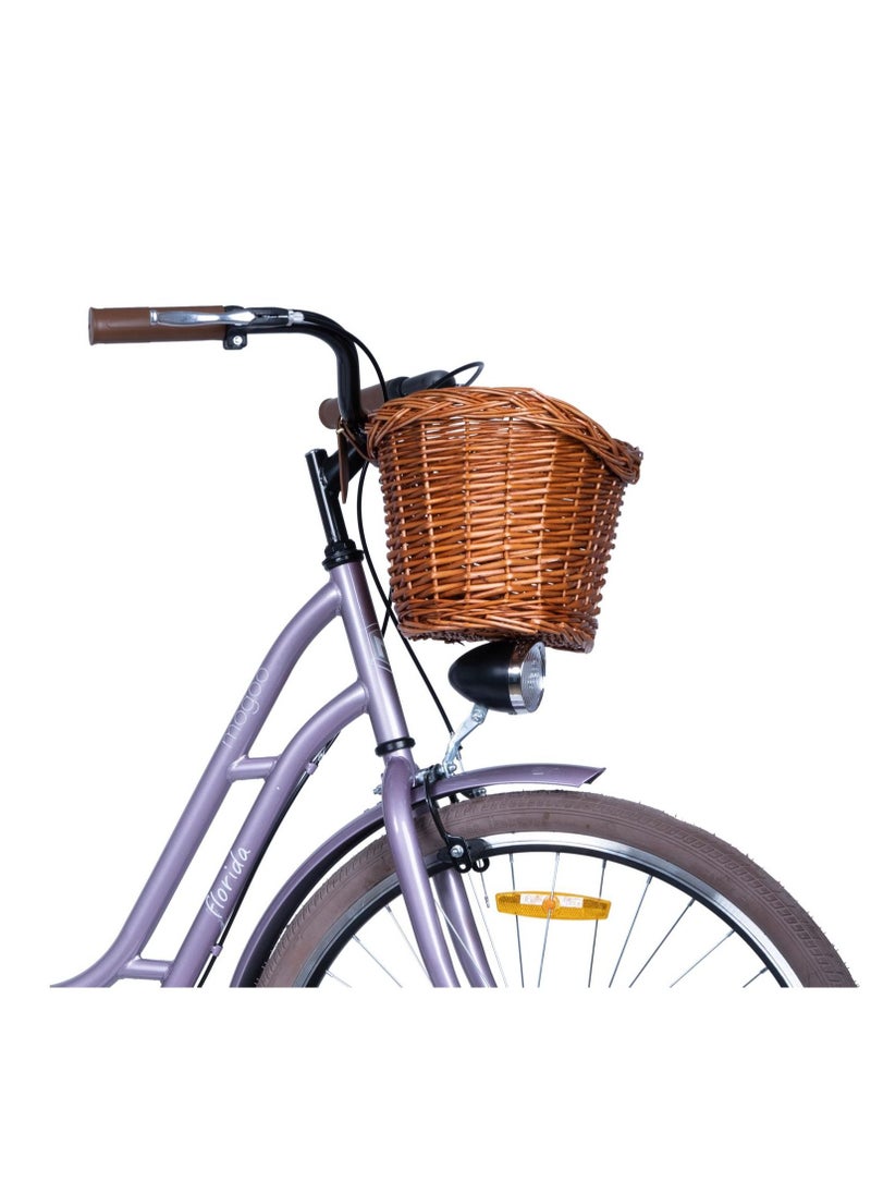MOGOO - Mogoo Florida Single Speed Cruiser Bike 24 Inch - Classic City Bike - Steel Frame Fixed-Gear Road-Bike - Comfort Cycle For Women - Bicycle Adult - Wicker Basket - Rear Carrier - Dynamo-Light - Purple - Image 1