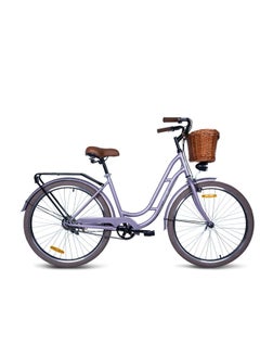 MOGOO Mogoo Florida Single Speed Cruiser Bike 24 Inch - Classic City Bike - Steel Frame Fixed-Gear Road-Bike - Comfort Cycle For Women - Bicycle Adult - Wicker Basket - Rear Carrier - Dynamo-Light - Purple  - Image 2