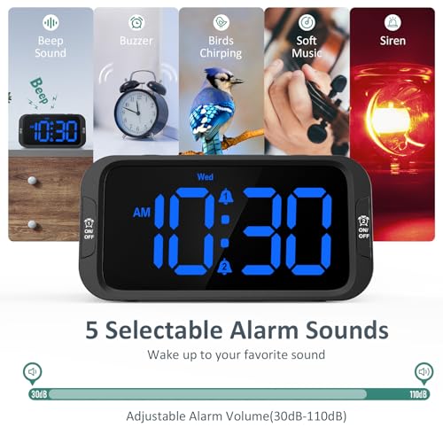 Odokee Digital Dual Alarm Clock for Bedroom, Easy to Set, 0-100% Dimmer, USB Charger, 5 Sounds Adjustable Volume, Weekday/Weekend Mode, Snooze, 12/24Hr, Battery Backup, Compact for Bedside(Blue) - Image 4
