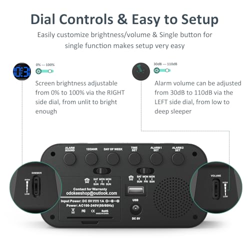 Odokee Digital Dual Alarm Clock for Bedroom, Easy to Set, 0-100% Dimmer, USB Charger, 5 Sounds Adjustable Volume, Weekday/Weekend Mode, Snooze, 12/24Hr, Battery Backup, Compact for Bedside(Blue) - Image 2