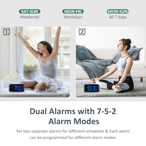 Odokee Digital Dual Alarm Clock for Bedroom, Easy to Set, 0-100% Dimmer, USB Charger, 5 Sounds Adjustable Volume, Weekday/Weekend Mode, Snooze, 12/24Hr, Battery Backup, Compact for Bedside(Blue) - Image 3