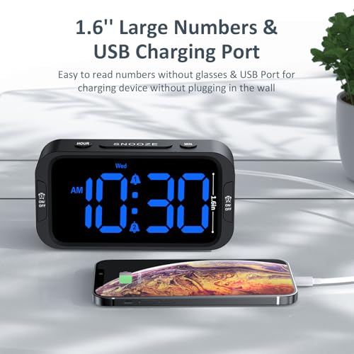 Odokee Digital Dual Alarm Clock for Bedroom, Easy to Set, 0-100% Dimmer, USB Charger, 5 Sounds Adjustable Volume, Weekday/Weekend Mode, Snooze, 12/24Hr, Battery Backup, Compact for Bedside(Blue) - Image 5