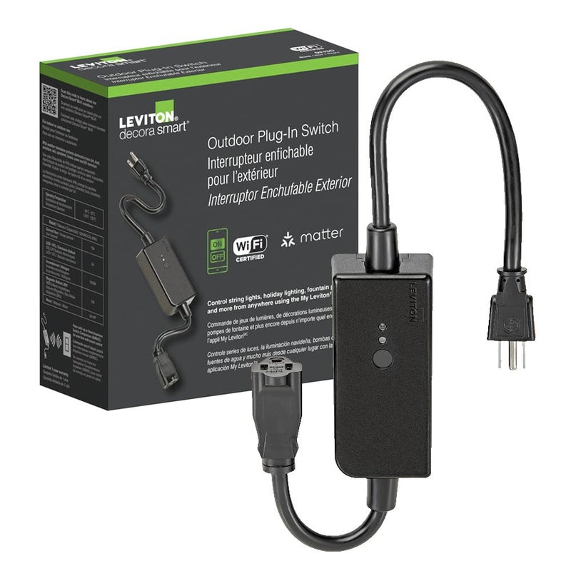 Leviton Decora Smart Wi-Fi Outdoor Plug, Works with Matter, My Leviton, Alexa, Google Assistant, Apple Home/Siri & Wire-Free Anywhere Switch Companion, Weather-Resistant, D215O-1RE, Black - Image 1