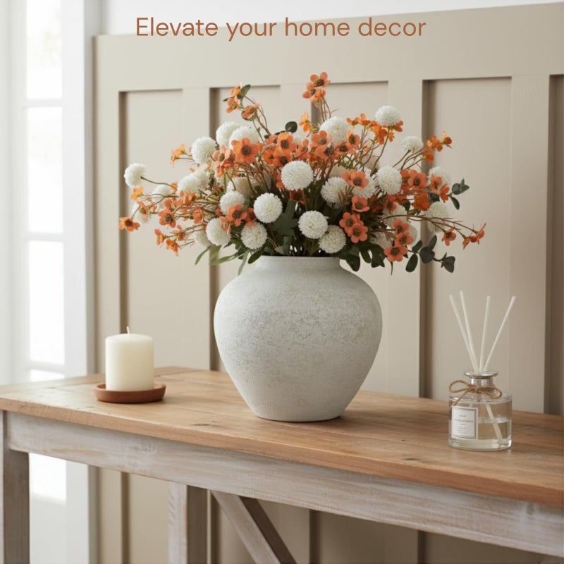 RyddeligHome White Rustic Large Round Vase for Table Centerpieces 11 inches, Arina Vase, Earthy Stone Look, Textured, Modern Homes Farmhouse Centerpiece Decor - Image 3