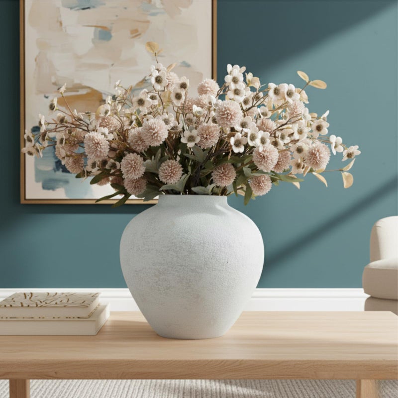 RyddeligHome White Rustic Large Round Vase for Table Centerpieces 11 inches, Arina Vase, Earthy Stone Look, Textured, Modern Homes Farmhouse Centerpiece Decor - Image 2