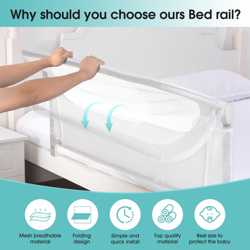 NUTIKAS Baby Bed Rail Guard for Toddlers -59" Toddler Bed Rails for Twin, Full, Queen, King Bunk Size Bed Swing Down Bedrail Extral Tall Child Safety Side Railing Guards for Kids White - Image 3