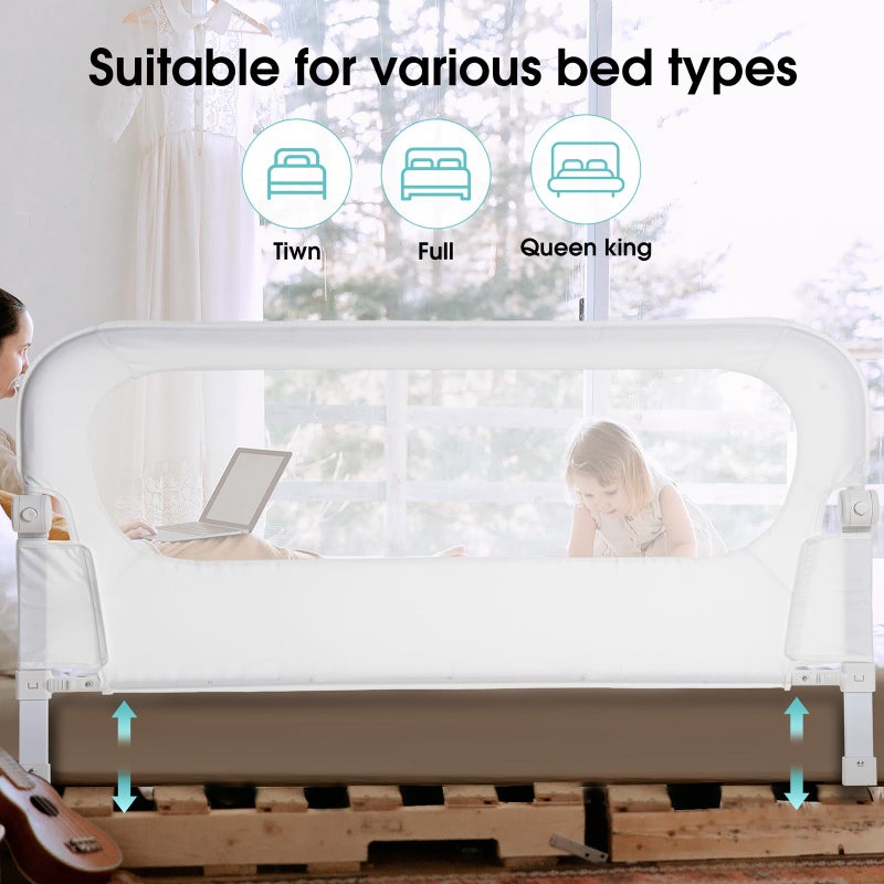 NUTIKAS Baby Bed Rail Guard for Toddlers -59" Toddler Bed Rails for Twin, Full, Queen, King Bunk Size Bed Swing Down Bedrail Extral Tall Child Safety Side Railing Guards for Kids White - Image 4