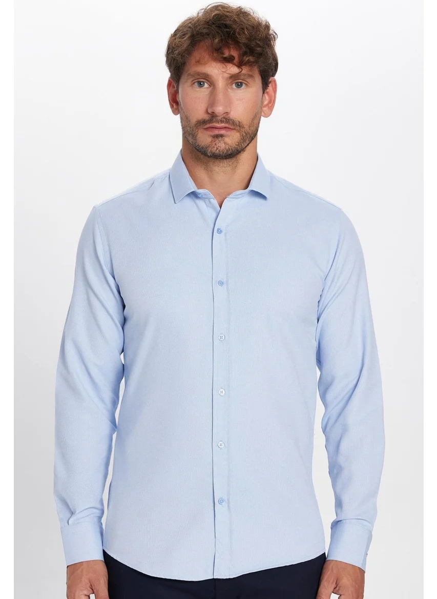 تودورس Modern Slim Fit Long Sleeve Cotton Easy Iron Dobby Blue Men's Shirt