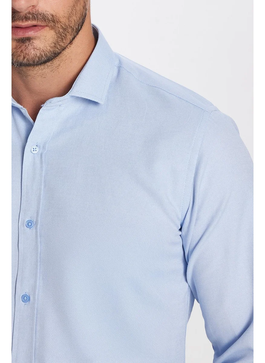 تودورس Modern Slim Fit Long Sleeve Cotton Easy Iron Dobby Blue Men's Shirt