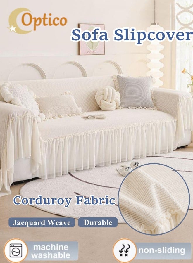 Optico Couch Slipcovers, Non Slip Couch Cover Sofa Cover 3 Seat Slipcover Corduroy Fabric Sofa Throw Cover Furniture Couch Protector Machine Washable with Skirt for 3 Cushion Couch Sofa (White, 180 x 340cm)  - Image 1