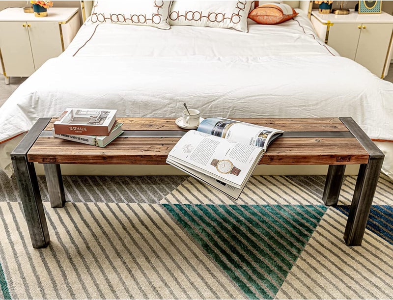 INDIAN DECOR INDIAN DECOR XL5680 Long Bench Farmhouse Design Wood and Metal Bench for Bedroom Hallway Living Room  - Image 5