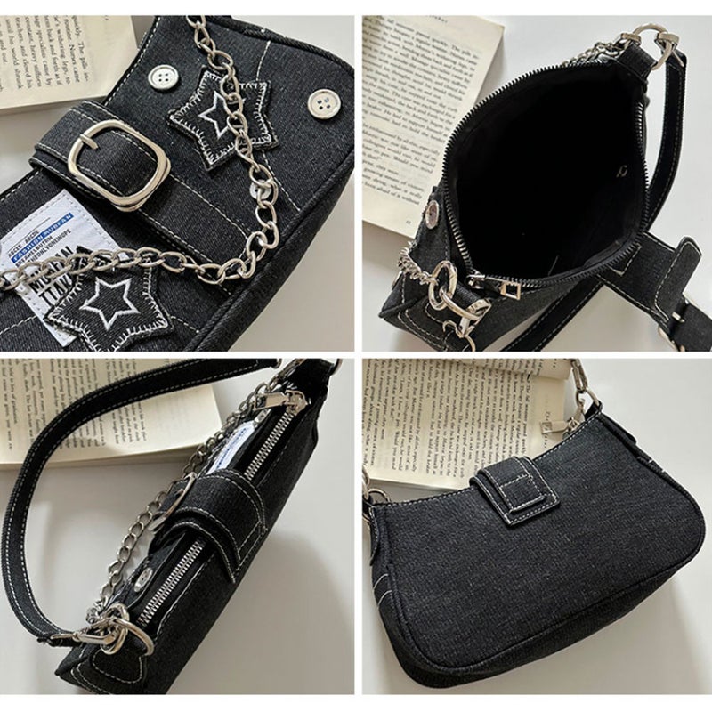 2025 Millennial Girl Star Denim Underarm Bag Fashionable Spliced Chain Shoulder Crossbody Bag Trendy Canvas Bag - Image 4