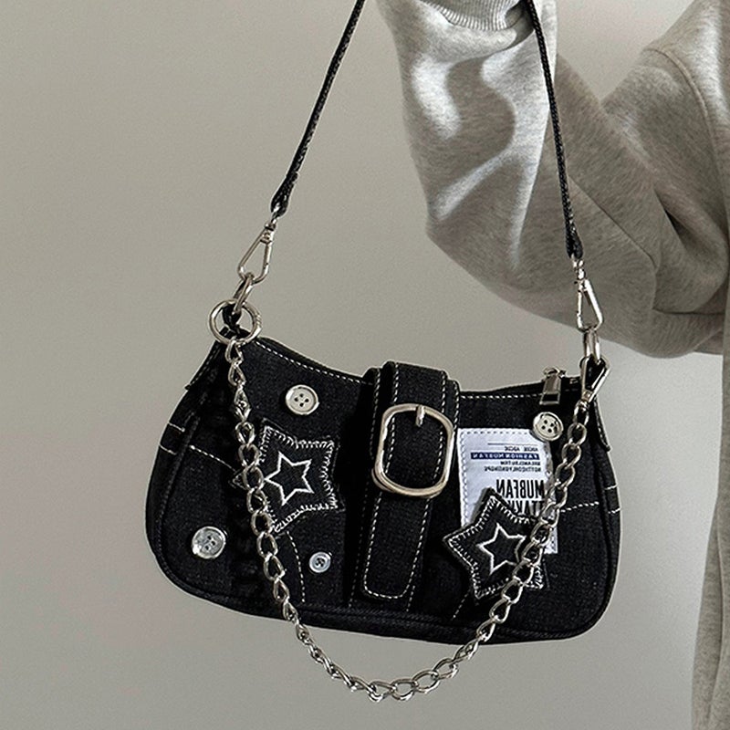 2025 Millennial Girl Star Denim Underarm Bag Fashionable Spliced Chain Shoulder Crossbody Bag Trendy Canvas Bag - Image 3