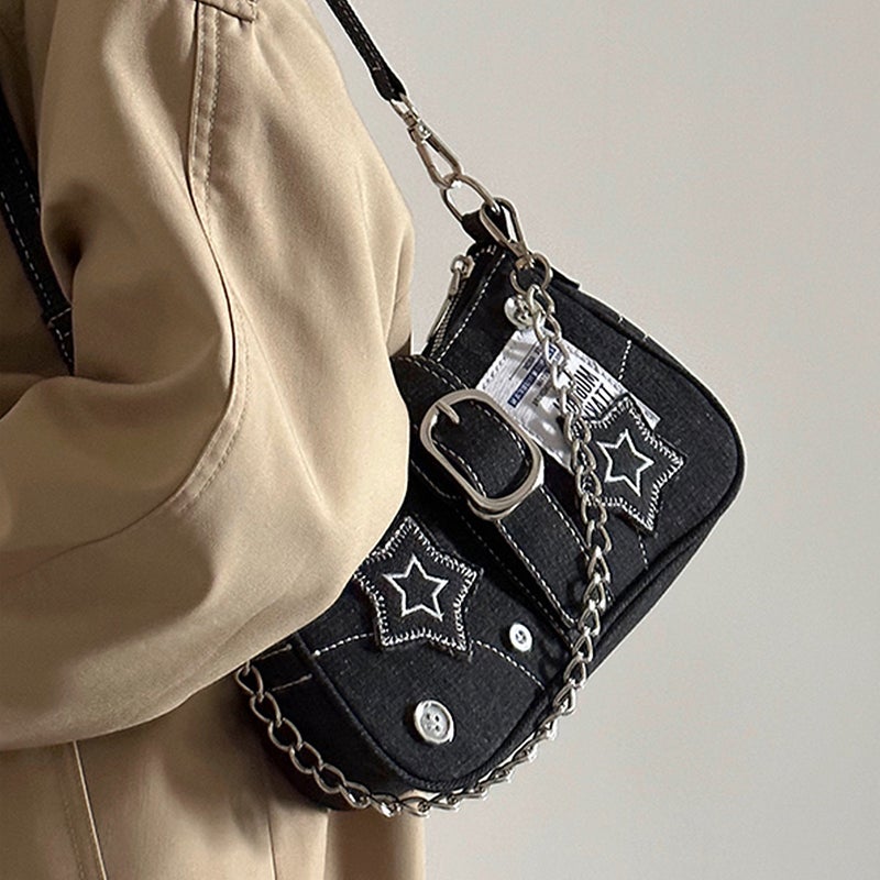 2025 Millennial Girl Star Denim Underarm Bag Fashionable Spliced Chain Shoulder Crossbody Bag Trendy Canvas Bag - Image 2