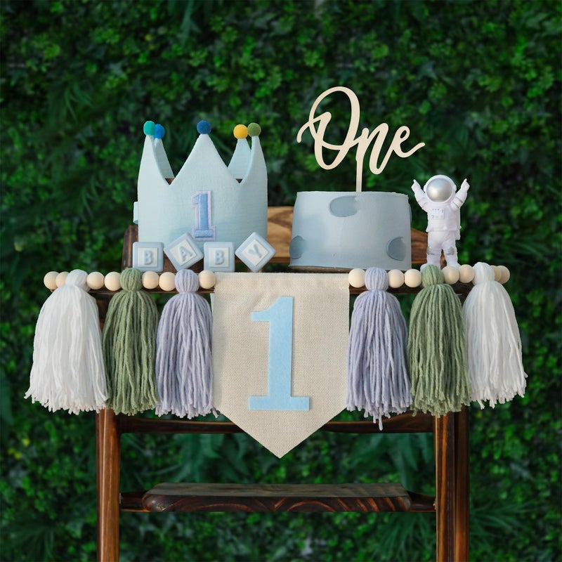 DCJHFJ Baby 1st Birthday Party Decorations For Handmade Tassel Garland Highchair Banner With One Cake Topper Blue Crown Hat - Image 2