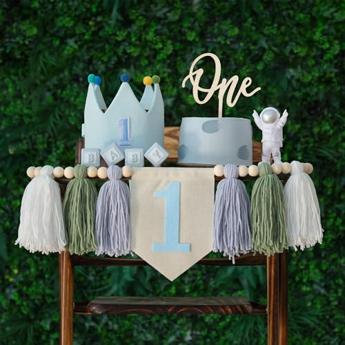 DCJHFJ Baby 1st Birthday Party Decorations For Handmade Tassel Garland Highchair Banner With One Cake Topper Blue Crown Hat - Image 1