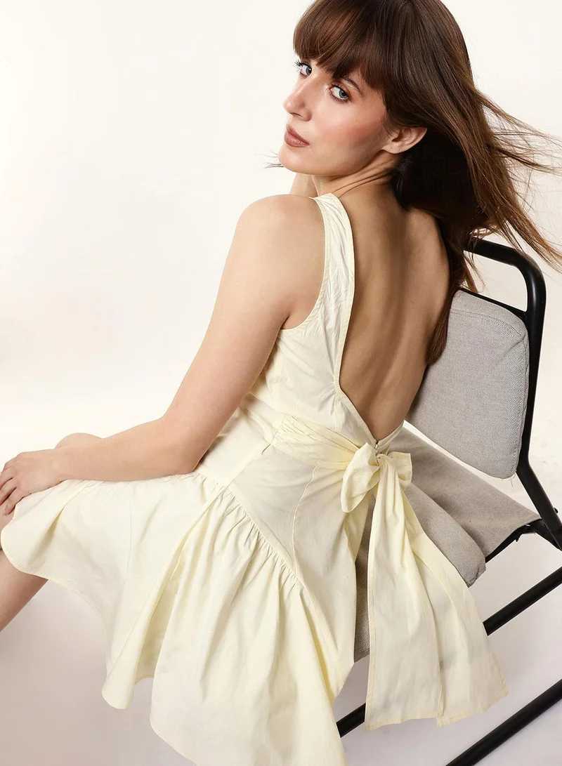 Pastel Yellow 100% Cotton Solid Print Mini Wrap Flared Dress For Women