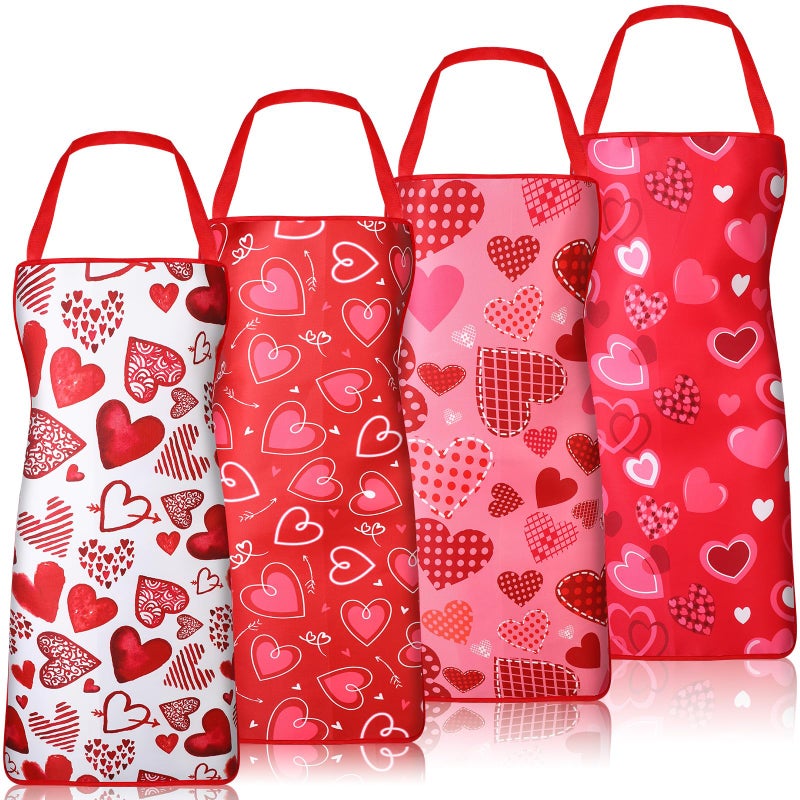 mzfoo 4 Pack Valentine Aprons for Women - Red & Pink, Adjustable, Washable - Perfect for Couples Dinner, Baking, BBQ & Grilling - Image 1