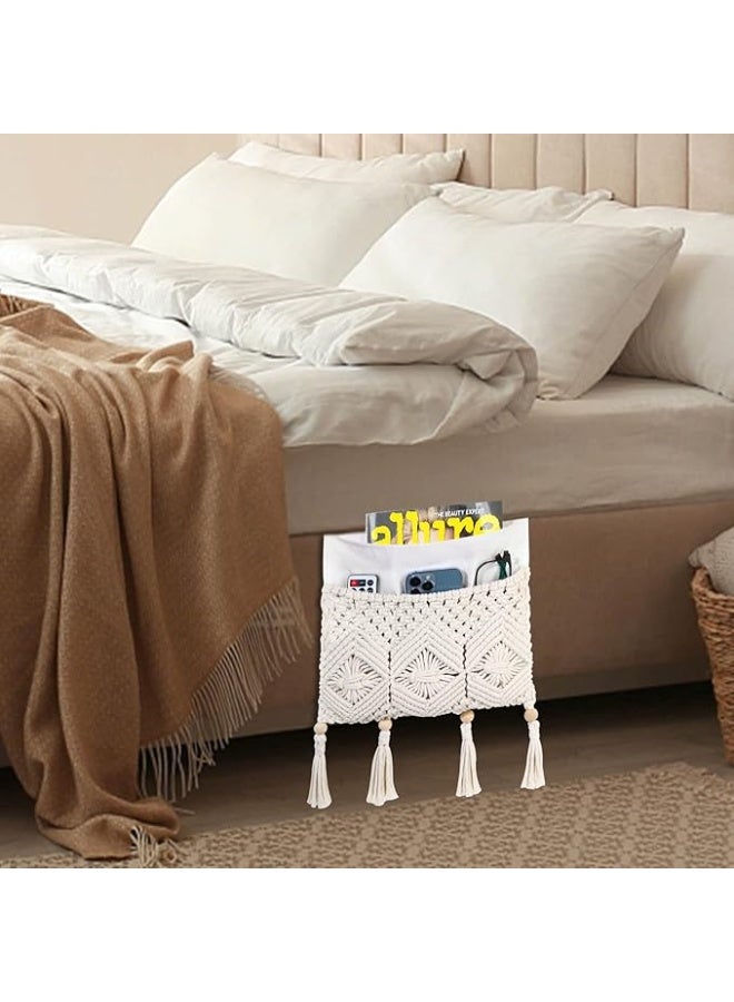 انتيكيانو منظم مسند ذراع  حامل جهاز ريموت كنترول تخزين بجانب السرير مع 4 جيوب مكرمية تثبت على الكنبة والكرسي بذراعين لأجهزة والجوال والمجلات والاي باد - Image 1