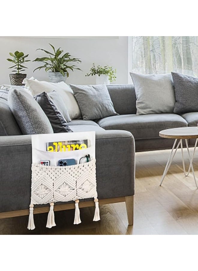 انتيكيانو منظم مسند ذراع  حامل جهاز ريموت كنترول تخزين بجانب السرير مع 4 جيوب مكرمية تثبت على الكنبة والكرسي بذراعين لأجهزة والجوال والمجلات والاي باد - Image 2