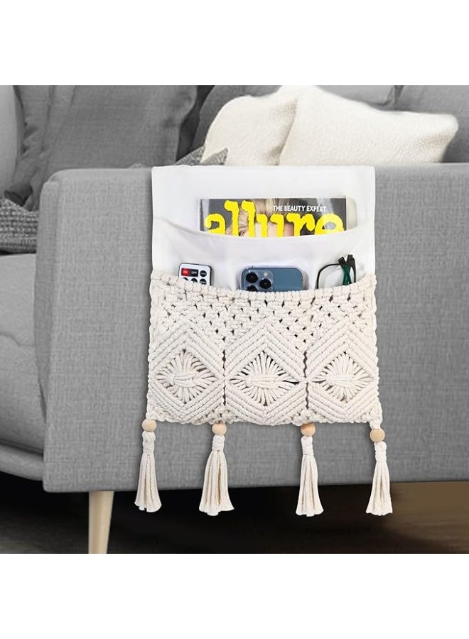 انتيكيانو منظم مسند ذراع  حامل جهاز ريموت كنترول تخزين بجانب السرير مع 4 جيوب مكرمية تثبت على الكنبة والكرسي بذراعين لأجهزة والجوال والمجلات والاي باد - Image 3