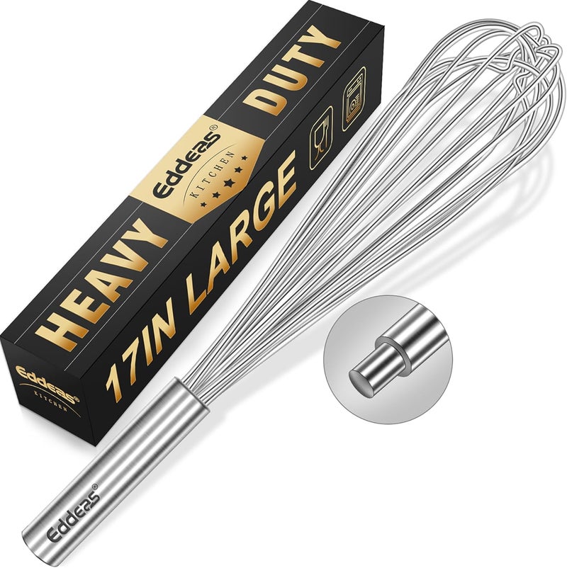 Eddeas 17in Large Whisk,Heavy Duty whisk, Stainless Steel whisk Suitable for Mixing Thick batter, Dry Ingredients and Seasonings.Accessories for professional commercial kitchens. - Image 1