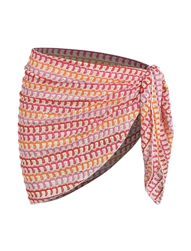 ZAFUL Sarong Coverups for Women Colorblock Stripes Crochet Semi Sheer Tie Side Bathing Suit Cover Up Mini Skirt (3-Red, One Size) - Image 1