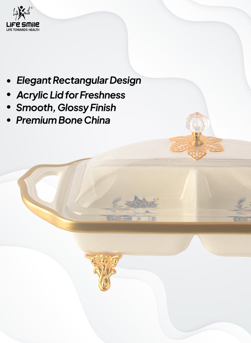 Life Smile Life Smile LIFE SMILE Square Bone China Fruit Bowl With Cover  - Serving Basket with Gold Stand and Acrylic Lid with Knob For Fruit,Snack, Nuts ,Cake & Dessert Storage - Image 4