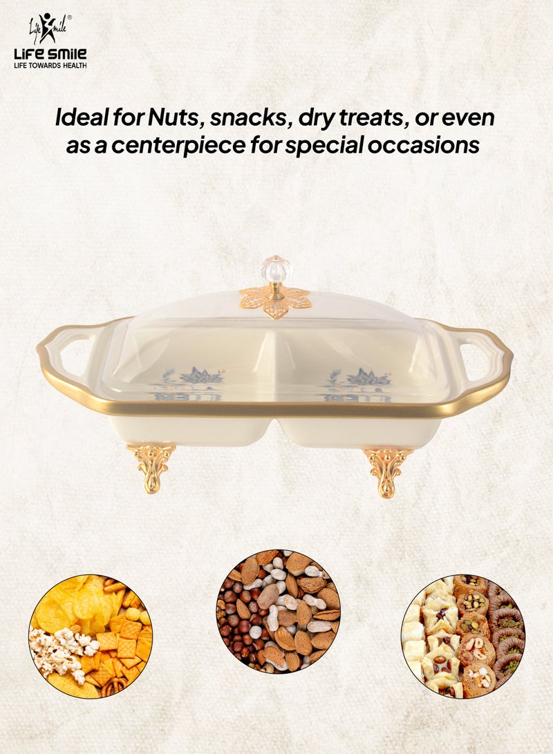 Life Smile Life Smile LIFE SMILE Square Bone China Fruit Bowl With Cover  - Serving Basket with Gold Stand and Acrylic Lid with Knob For Fruit,Snack, Nuts ,Cake & Dessert Storage - Image 3