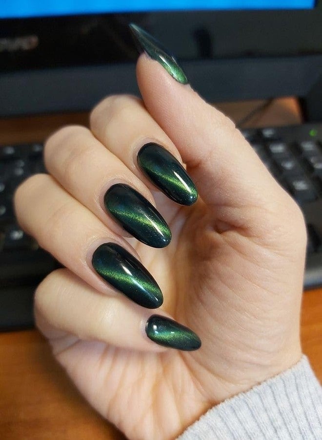 Sparkling Nailon Cat Eye Green Press On Nails for Women | Reusable Artificial Nail Extensions | Long Lasting Stick On Fake Nails | Easy Apply Manicure Kit | 14 Pcs Stiletto Shape - Image 2