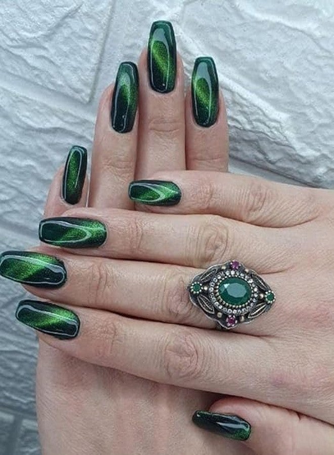 Sparkling Nailon Cat Eye Green Press On Nails for Women | Reusable Artificial Nail Extensions | Long Lasting Stick On Fake Nails | Easy Apply Manicure Kit | 14 Pcs Stiletto Shape - Image 1
