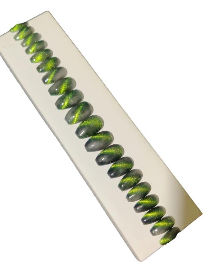 Sparkling Nailon Cat Eye Green Press On Nails for Women | Reusable Artificial Nail Extensions | Long Lasting Stick On Fake Nails | Easy Apply Manicure Kit | 14 Pcs Stiletto Shape - Image 3