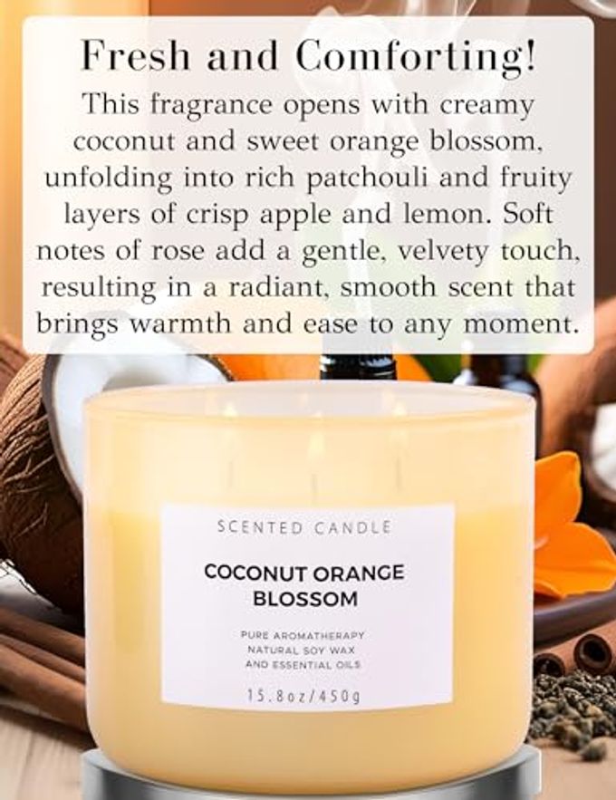 T H Coconut Orange Blossom 3-Wick Soy Candle, 15.8 oz Highly Scented, Clean Burn, Long-Lasting Large Aromatherapy Stress Relief Candle Gift Candles for Women & Men - Image 5