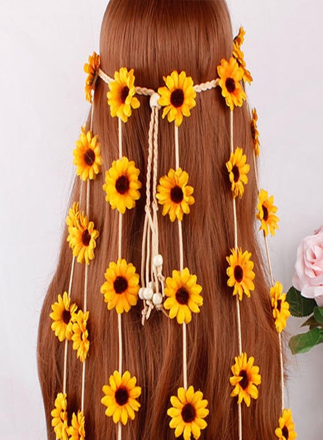 YAXAMING Flower Headband Hippie Sunflower Hairband Floral Crown Bohemian Hair Band Women Girls Boho Hair Hoop Headdress Headwear Headpiece Party Decoration Cosplay Costume Cute Handmade Hair Accessories Yellow - Image 3