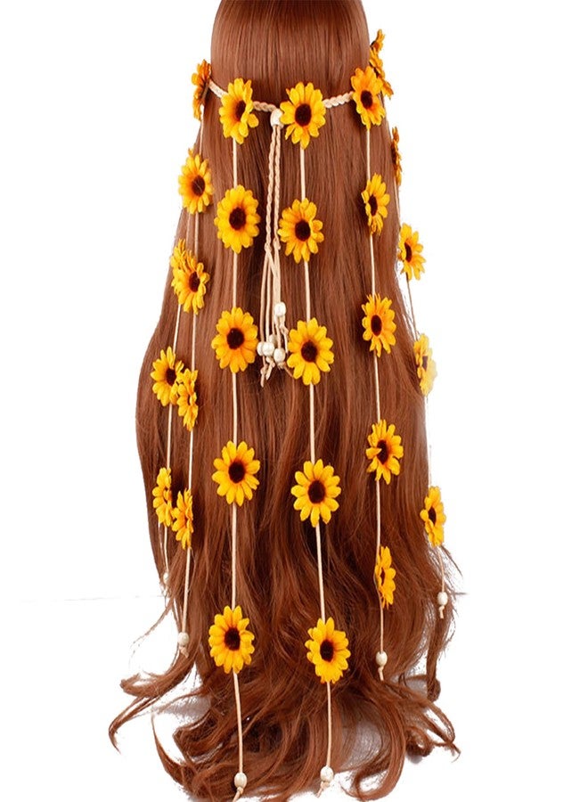 YAXAMING Flower Headband Hippie Sunflower Hairband Floral Crown Bohemian Hair Band Women Girls Boho Hair Hoop Headdress Headwear Headpiece Party Decoration Cosplay Costume Cute Handmade Hair Accessories Yellow - Image 1