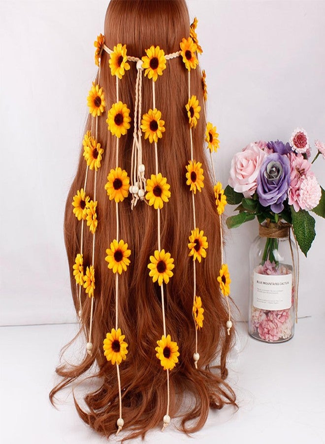 YAXAMING Flower Headband Hippie Sunflower Hairband Floral Crown Bohemian Hair Band Women Girls Boho Hair Hoop Headdress Headwear Headpiece Party Decoration Cosplay Costume Cute Handmade Hair Accessories Yellow - Image 2