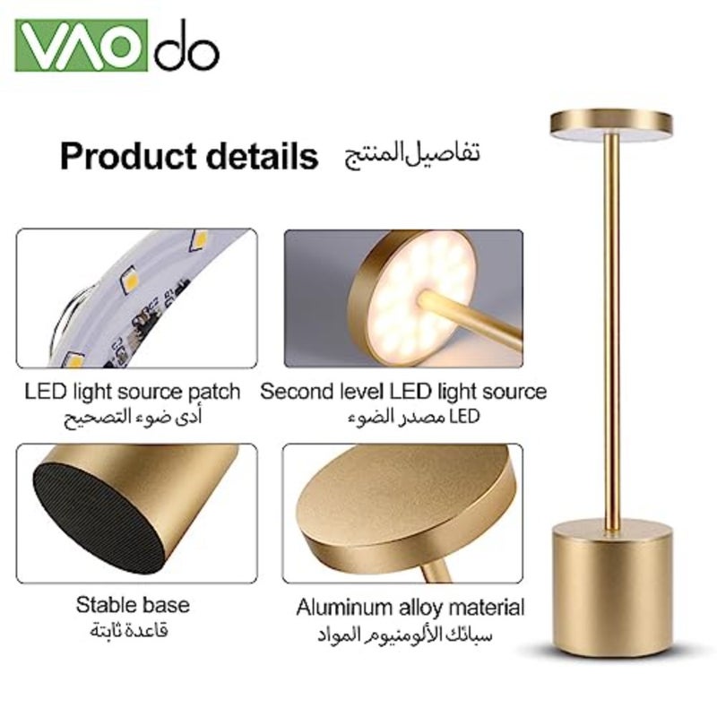 مصباح طاولة لاسلكي للأماكن الخارجية/الداخلية/المطعم/المنزل/الفناء/العشاء، سبائك الألومنيوم، أبيض دافئ، شحن USB بمستويين ضوء خافت - Image 2